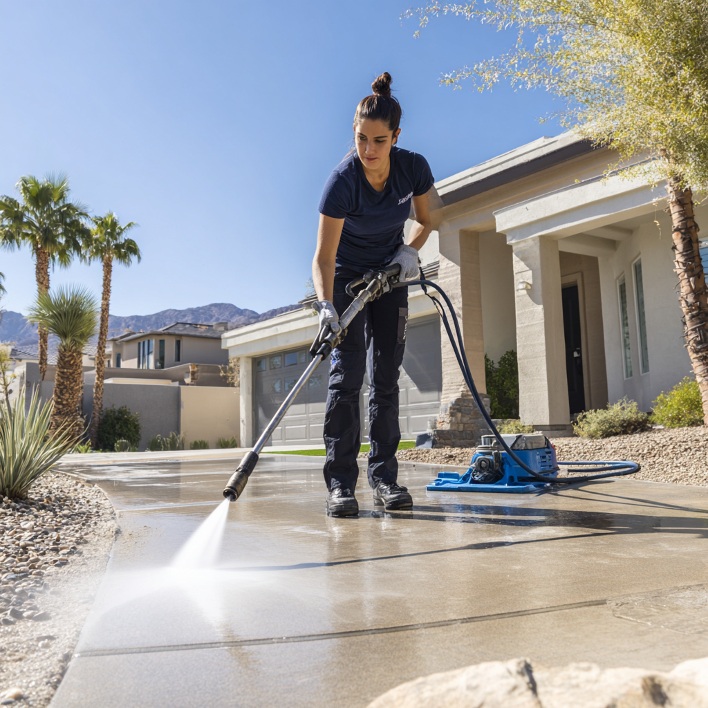 Start New Cleaning technician pressure washing a residential driveway, restoring the surface to a spotless finish under clear blue skies in a modern suburban neighborhood. Start New Cleaning technician pressure washing a residential driveway, restoring the surface to a spotless finish under clear blue skies in a modern suburban neighborhood.